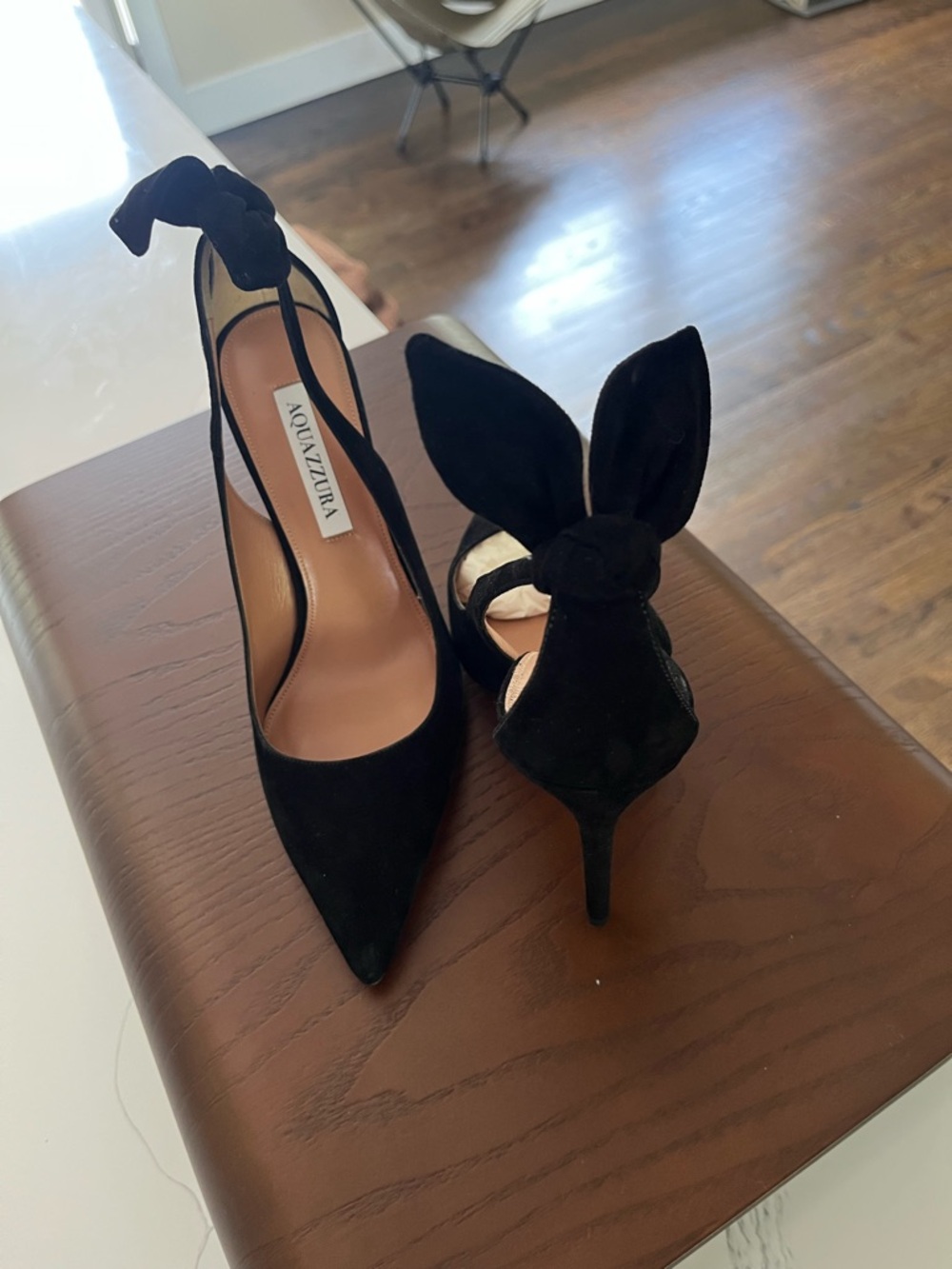 Aquazzura Black Suede Pointed-Toe Bow-Tie Stiletto Pumps - Picture 7 of 7